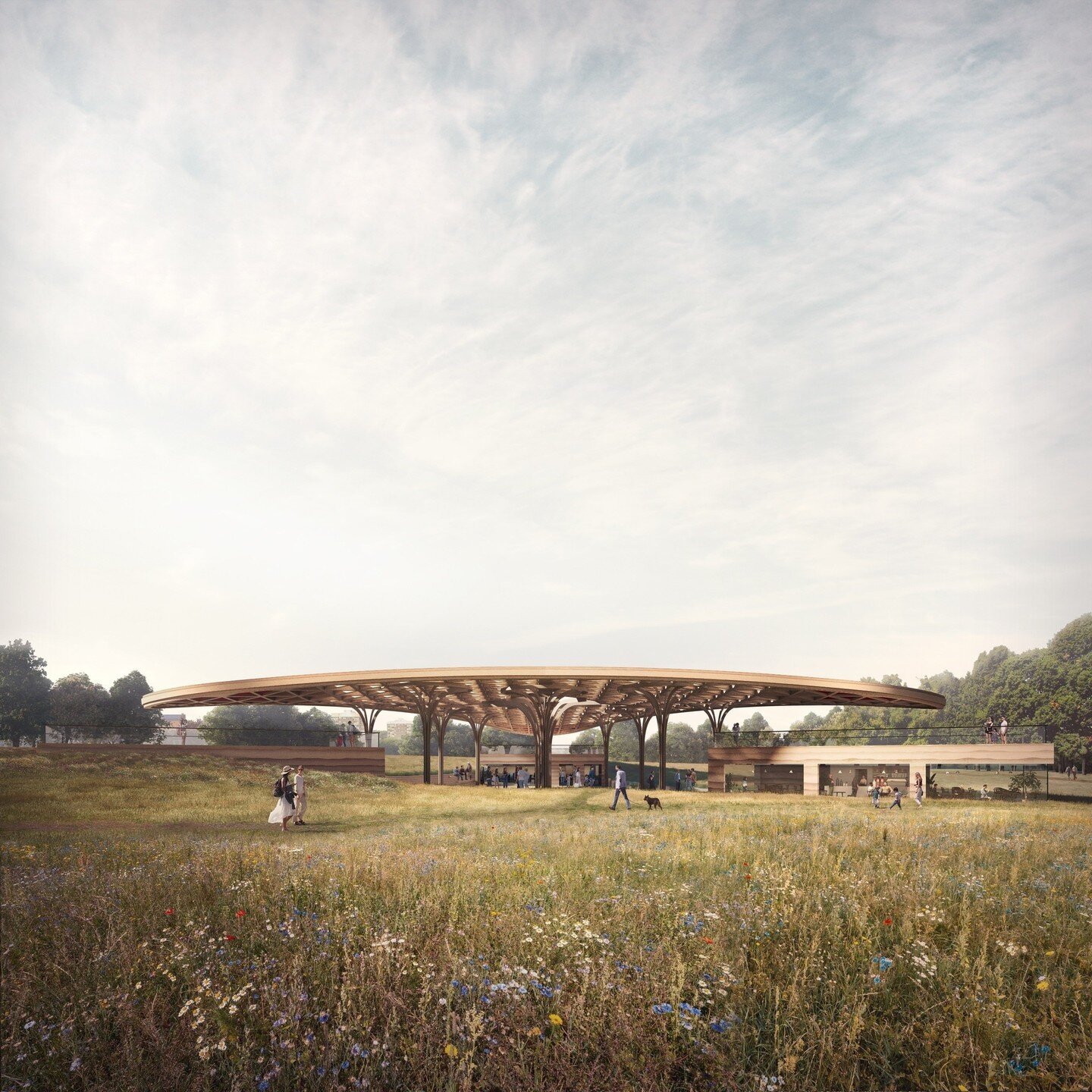 Marjoram Architects&rsquo; competition entry for 'A Pavilion For All'. Our Pavilion has sustainability, net-zero carbon and energy targets at its heart, using rammed earth and timber, while taking a cradle to cradle approach with materials. These sim