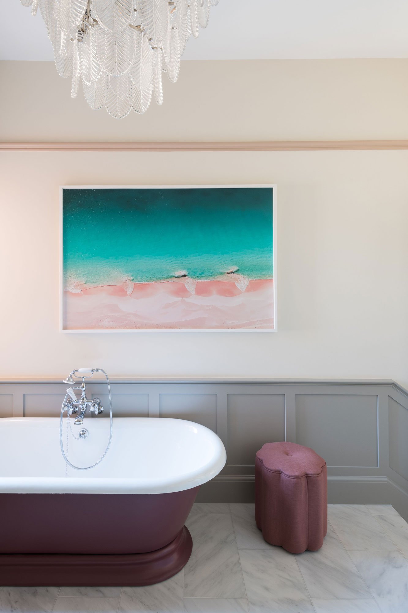 Bathroom with bath, mixer taps and picture on wall - Marjoram Architects Kings Road Project