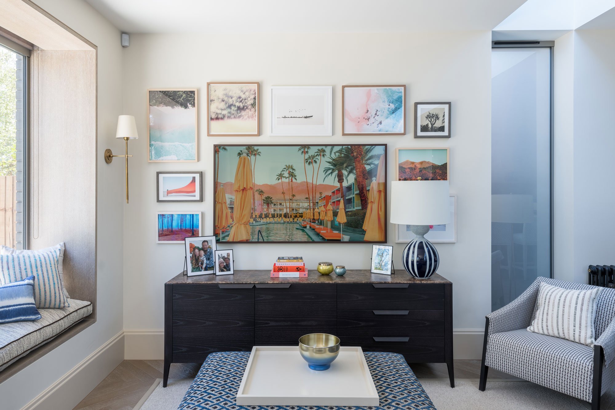 Living space with seat window, sideboard and pictures - Marjoram Architects Kings Road Project