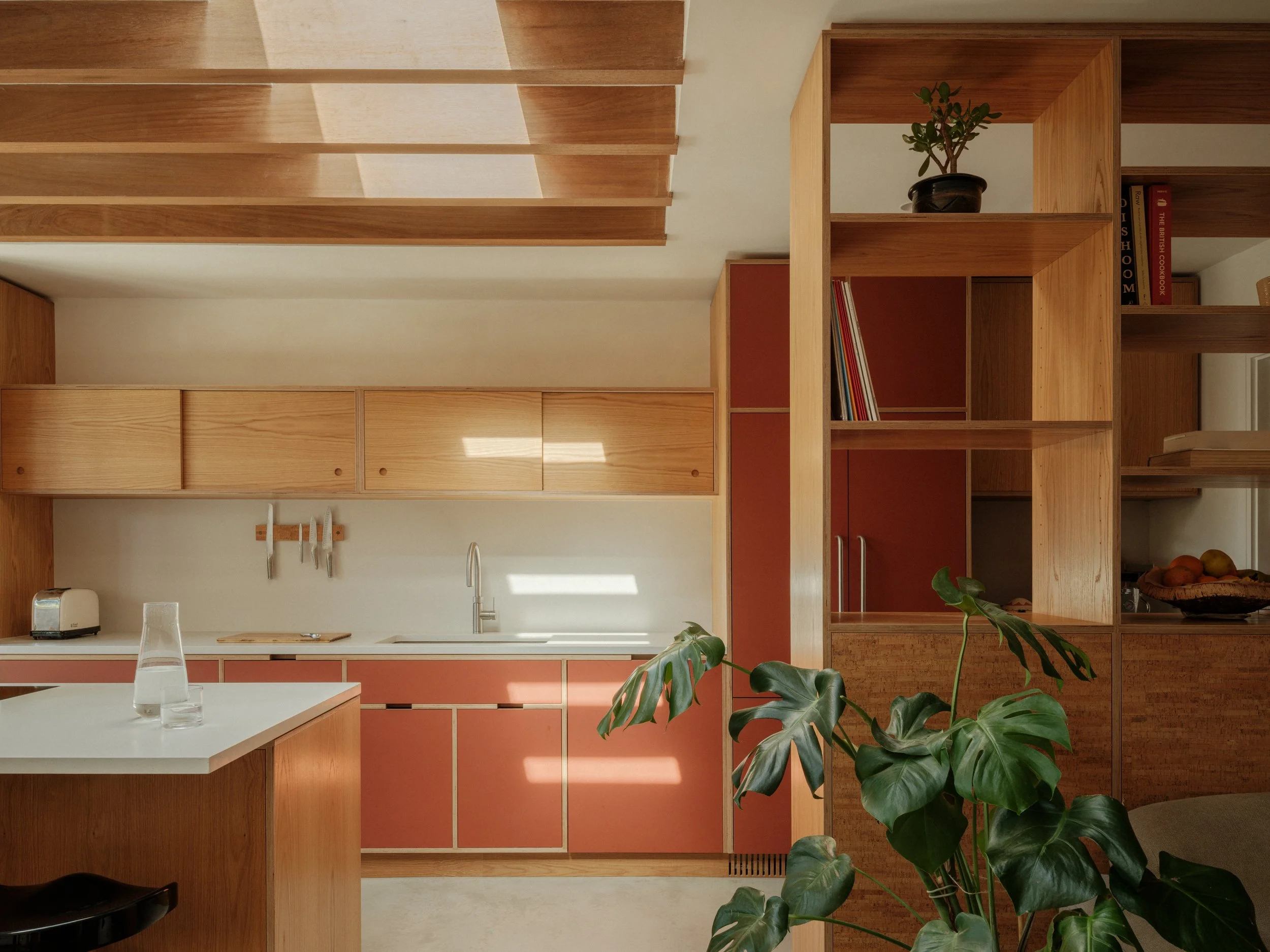 Marjoram Architects — Interior view of a modern kitchen with wooden cabinetry, open shelves, and green plants, including a large Monstera in the foreground.