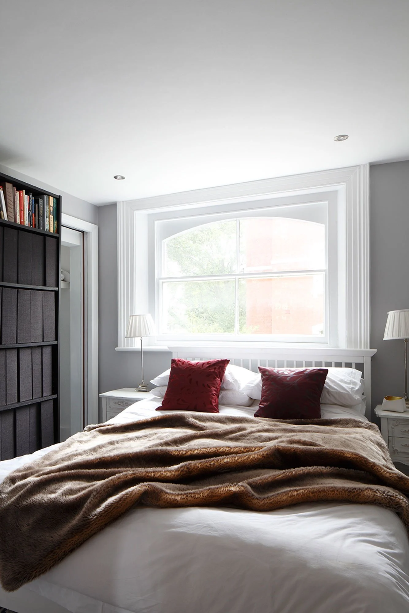 Bedroom with double bed, shelves and window - Marjoram Architects Crescent Wood Road Project