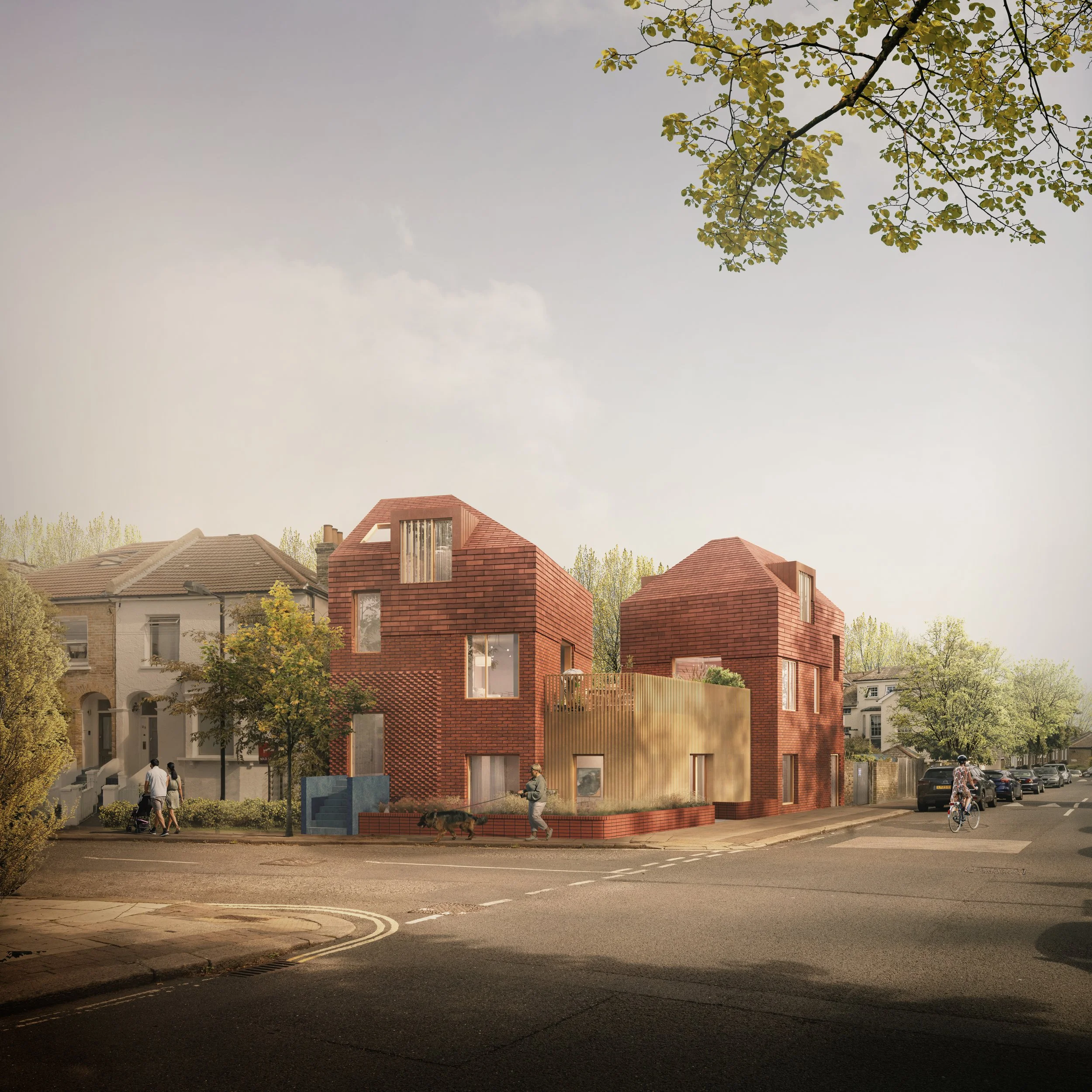 Marjoram Architects — A residential street scene with a modern brick house, trees, and pedestrians, under a cloudy sky.