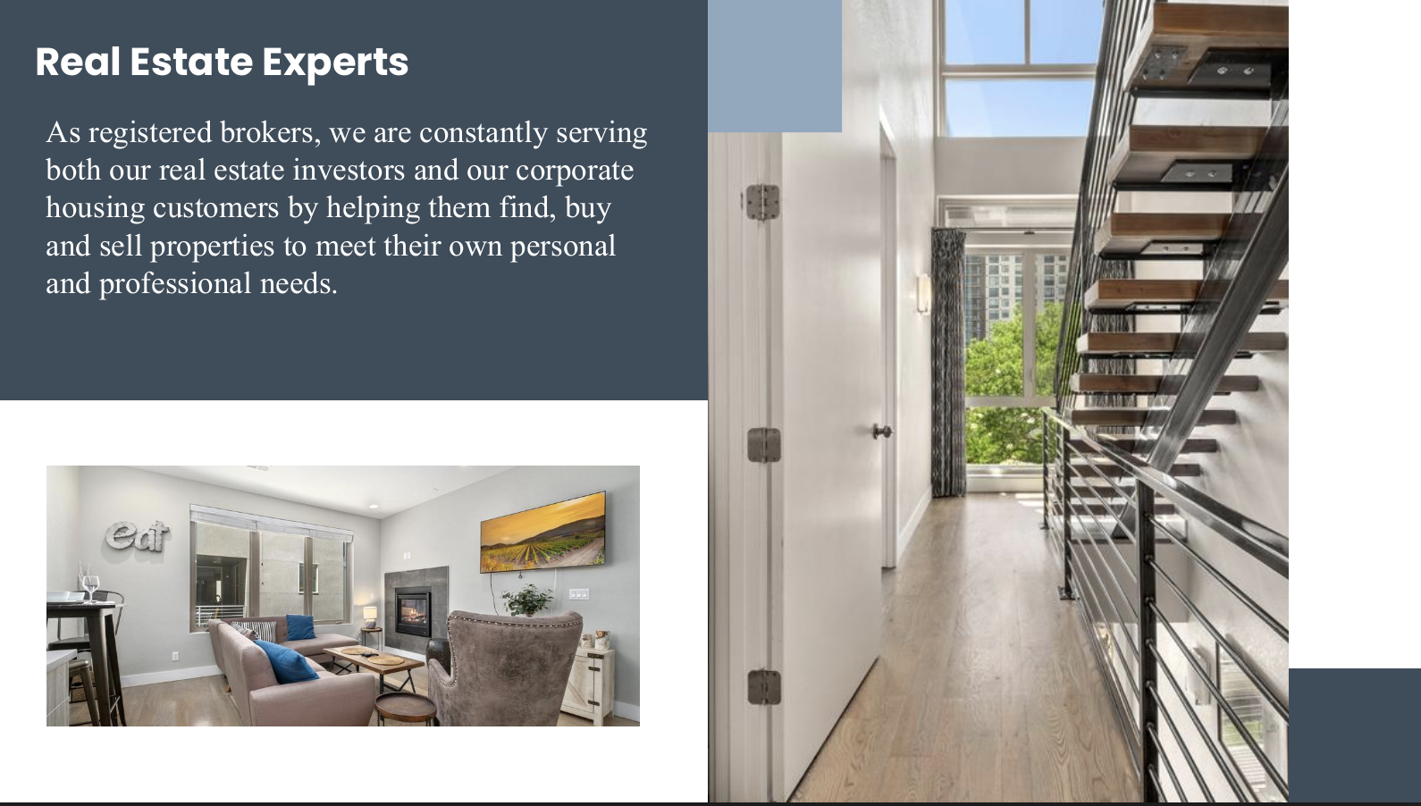 A presentation slide with the title 'Real Estate Experts' and game text describing their services. The slide includes two photos: one showing a modern living room with a window, fireplace, and decor, and the other depicting a bright staircase area wi