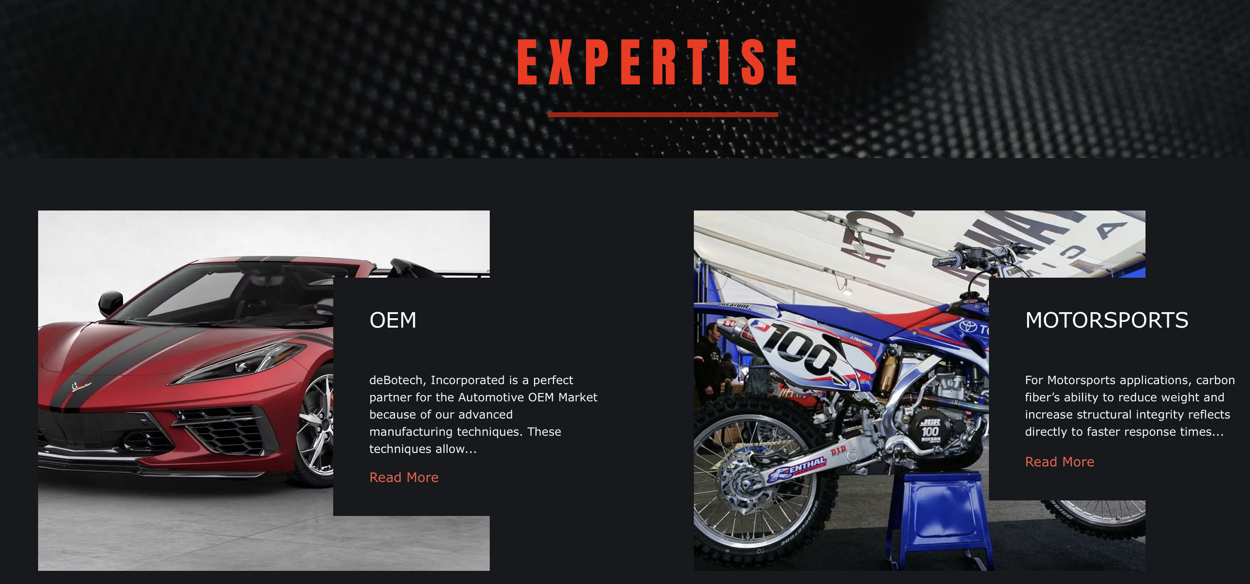 A webpage with a black background and the word 'EXPERTISE' in bold red letters at the top. Below are two sections: the left features a red sports car with black racing stripes and a black box with white text about OEM manufacturing, while the right s
