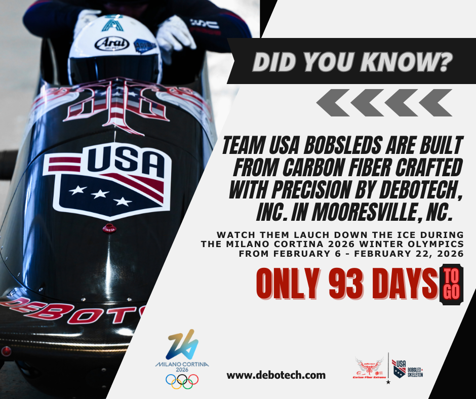 A race car with USA Bobsled Team branding, including a large USA flag logo, and a helmet in the background. The photo promotes the Milano Cortina 2026 Winter Olympics and details about the team and upcoming event.
