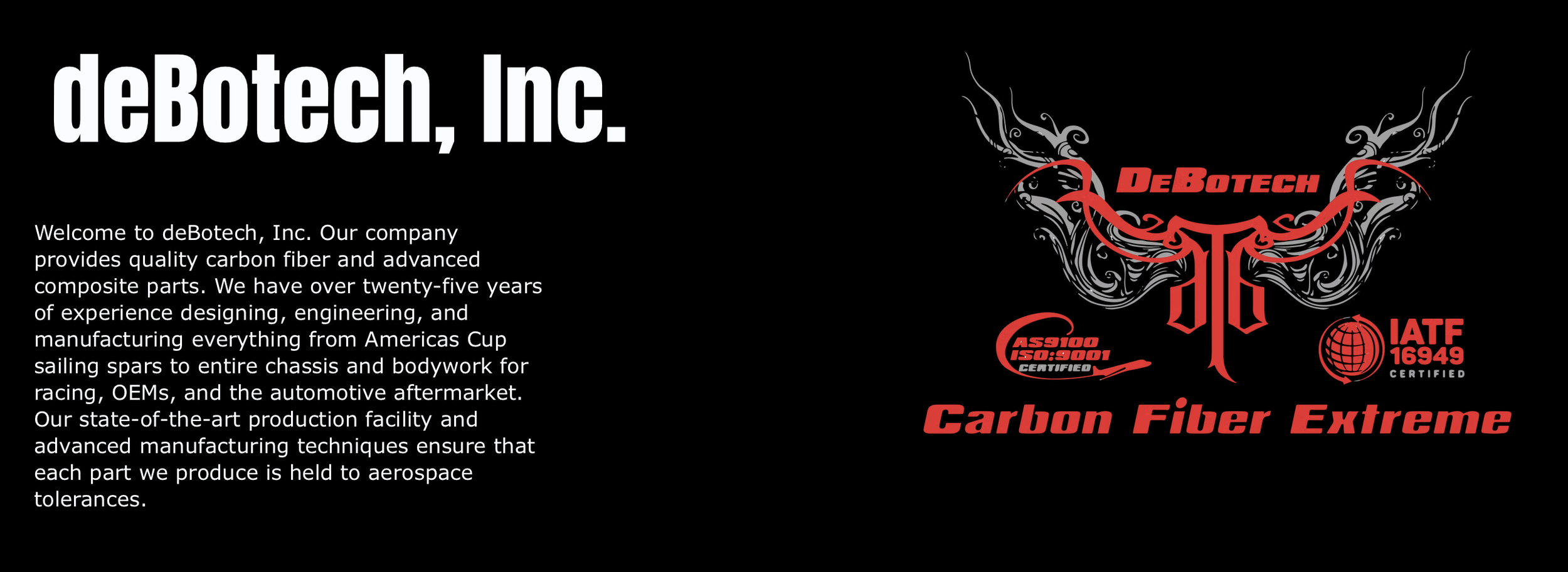 A promotional graphic for deBotech, Inc. featuring a black background, large white text, and a red and black logo with a stylized eagle and automotive-related certification logos. The text highlights the company's experience in carbon fiber and compo