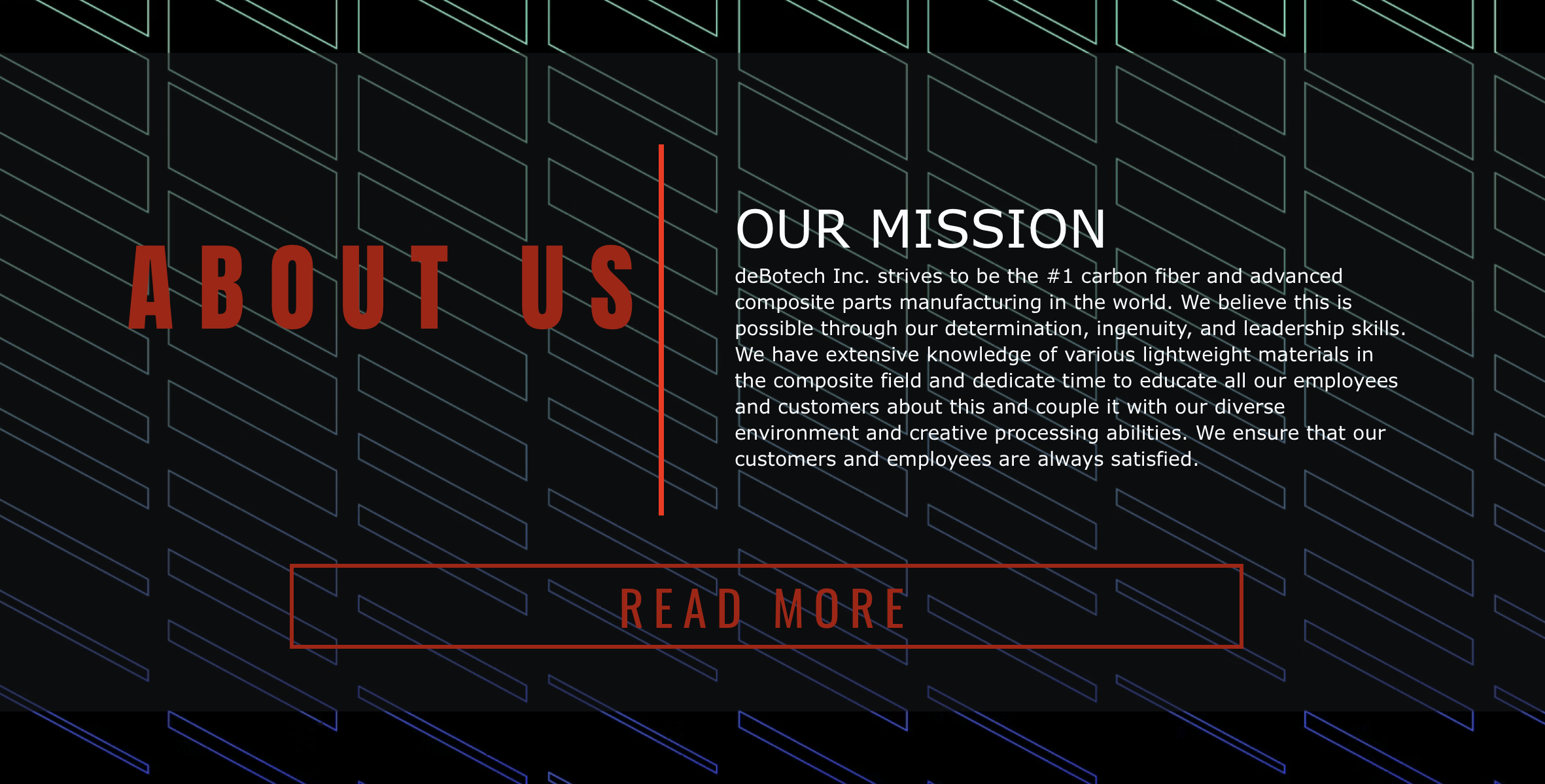 Webpage section titled 'About Us' with a background of geometric lines, featuring a heading 'Our Mission' and a paragraph about eBotech Inc.'s focus on carbon fiber and composite parts manufacturing, along with a red button labeled 'Read More'.