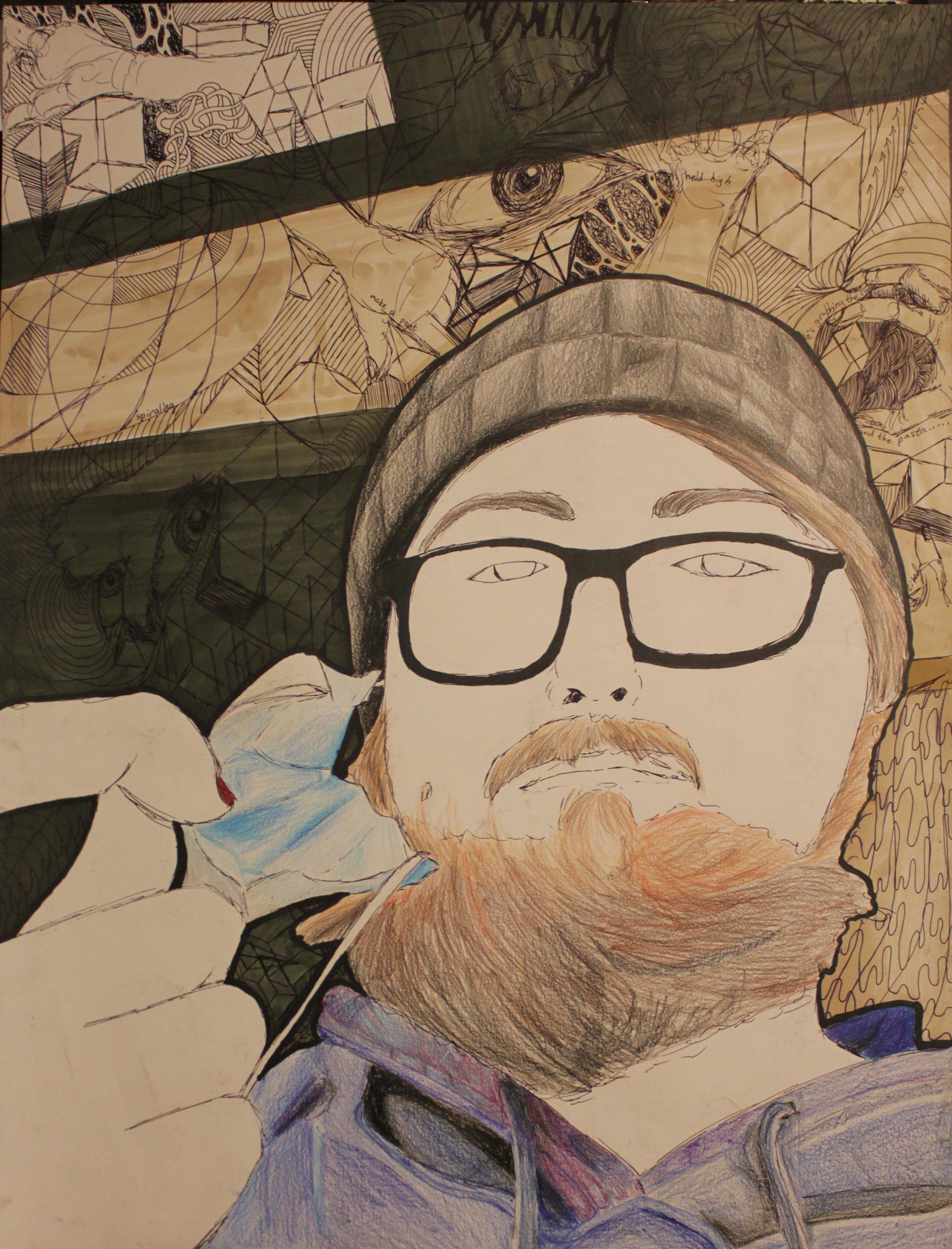 Self Portrait [2022] | 
Honorable Mention Winner at Annual Student Art Exhibit | 
Colored Pencil, Alcohol Marker, and Pen on Paper | 
April 2022