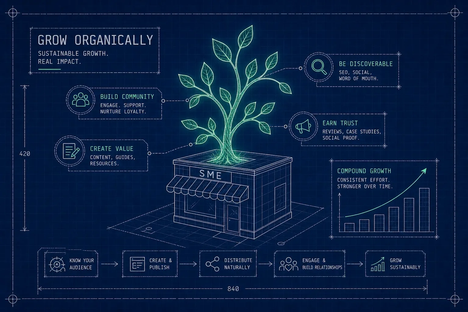 blueprint of retail unit with tree growing from the top symbolising organic growth