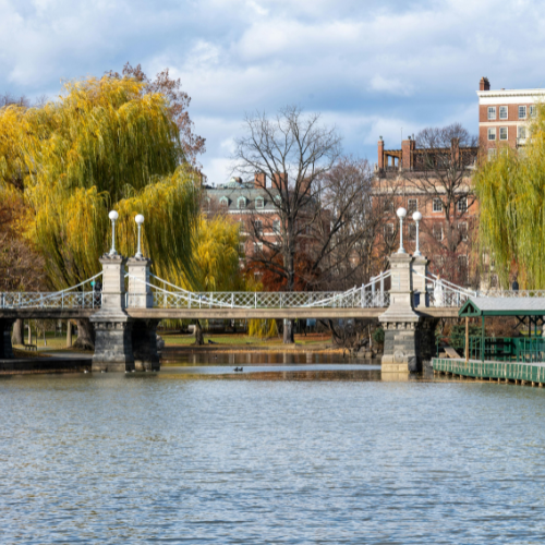 Historic pedestrian bridge crossing the lagoon in Boston Public Garden with willow trees, city buildings, and cloudy skies in the background.