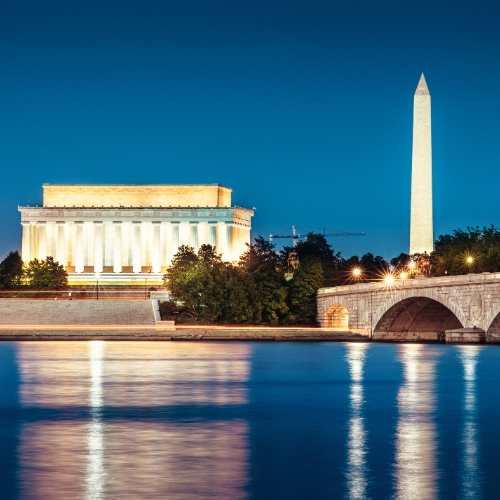 Lincoln Memorial and Washington Monument illuminated at night with reflections in the water