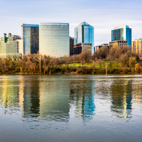 View of Arlington buildings and a lake