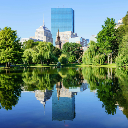 Boston skyline reflected in a calm lake surrounded by trees in a city park
