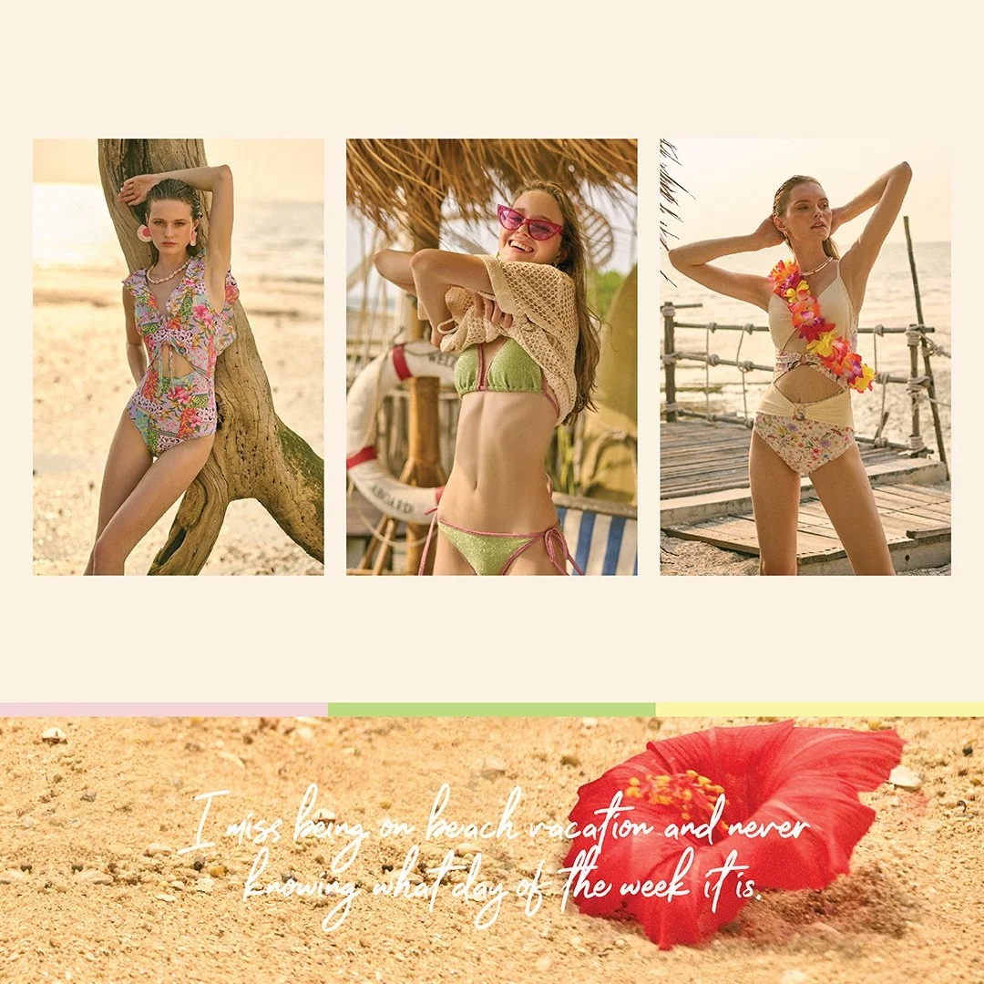 Three women in colorful swimsuits posing on a beach and by the water, with a quote about missing beach vacation and a red flower on sand.