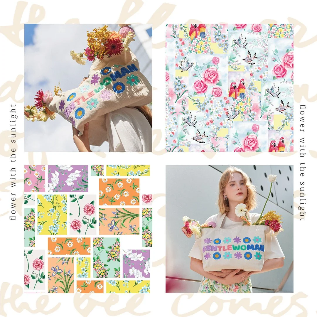 Collage of four images and floral patterns. Top left shows a person holding a tote bag with colorful flowers and the words 'GENTLE WOMAN' against a bright sky. Top right displays a floral and bird pattern with pink roses and small birds. Bottom left 