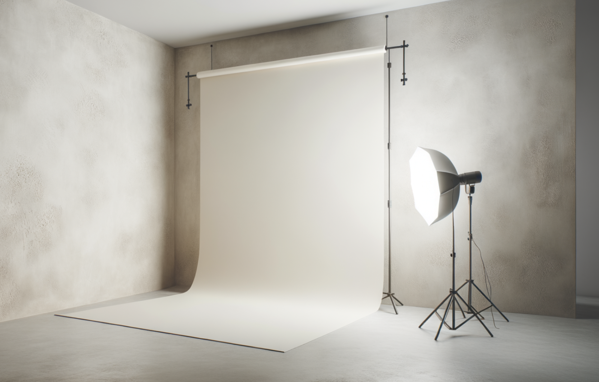 Photography studio with white backdrop, softbox light, and tripod standing in a neutral room.