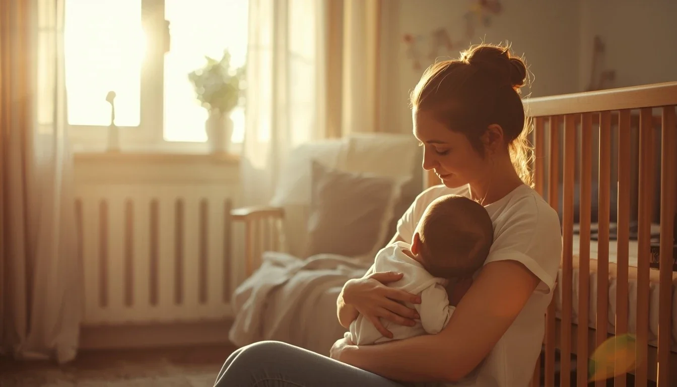 Mother with her sleeping baby in calm nursery UK