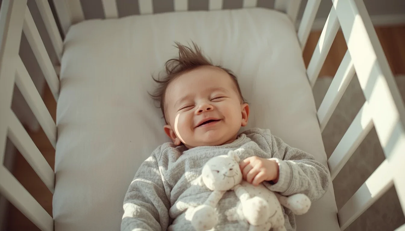 A happy baby around 7 months old lying in a white crib, eyes drowsy and half-closed, holding a small soft toy. Soft morning light through blackout blinds slightly open. Minimal Scandinavian nursery aesthetic. Warm and peaceful mood.