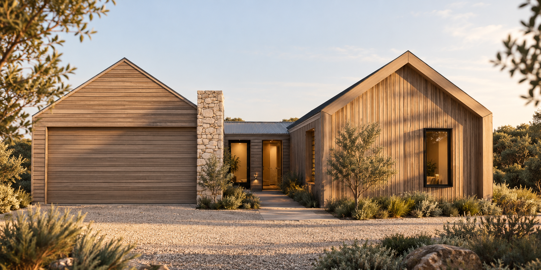 A modern house with wooden siding, stone chimney, and large glass windows, surrounded by desert plants and shrubbery during sunset.