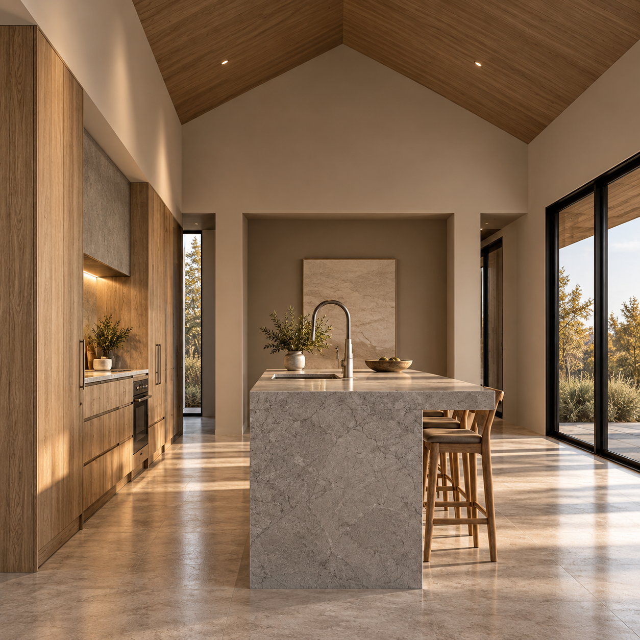Modern kitchen with wooden cabinetry, a marble island with bar stools, and large glass sliding doors showing an outdoor landscape with trees.