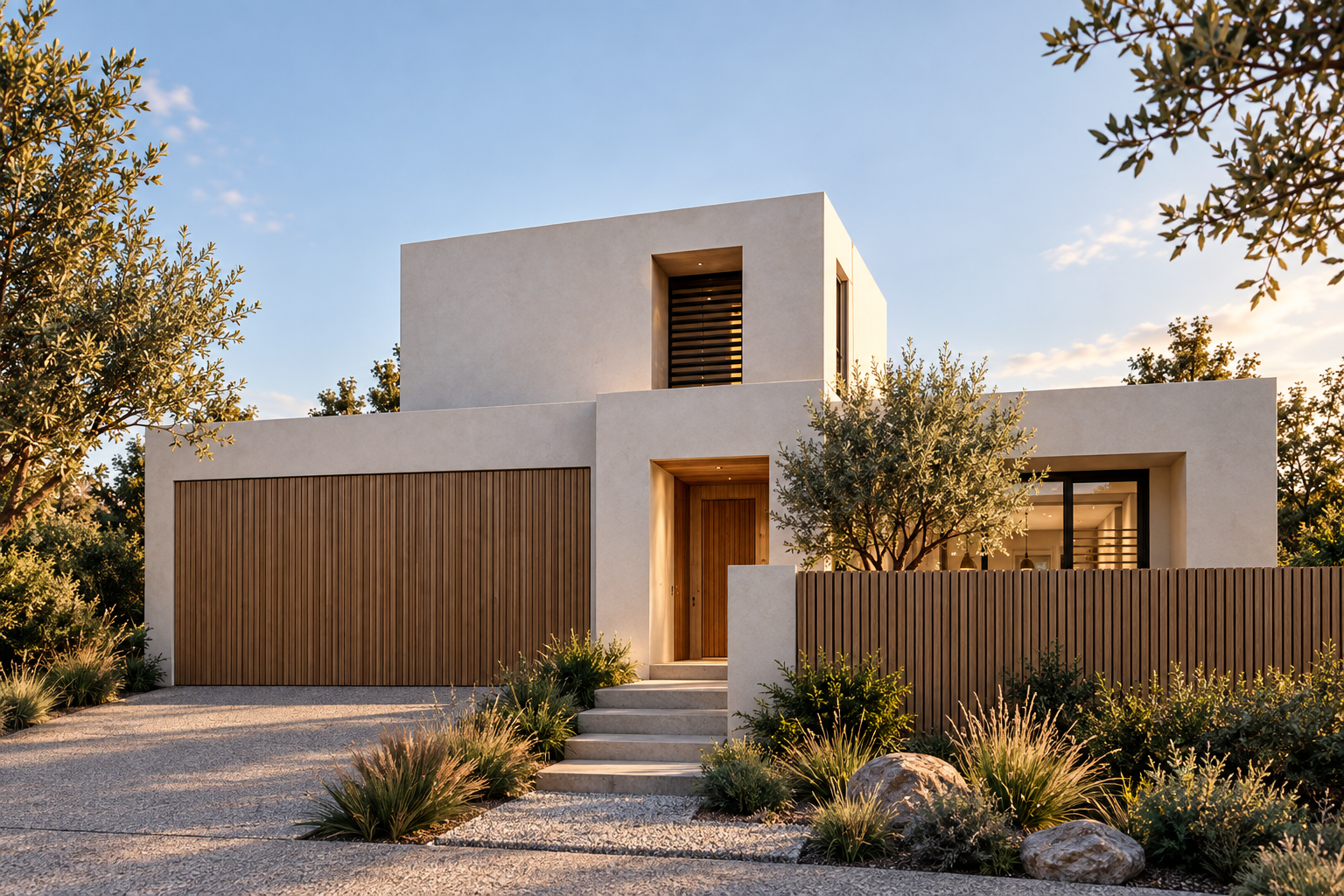 Modern white house with wooden accents, a garage, and landscaping with rocks and drought-resistant plants, under a blue sky.