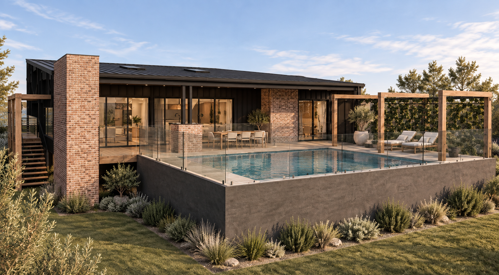 Modern house with a rooftop swimming pool, outdoor lounge chairs, and patio area, surrounded by greenery and trees under a blue sky.