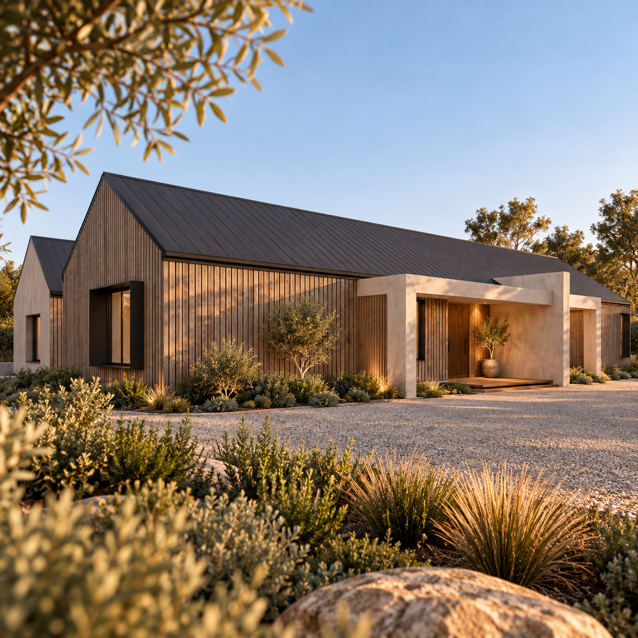 Modern house with wooden and concrete exterior, surrounded by desert landscape and plants, during sunset.