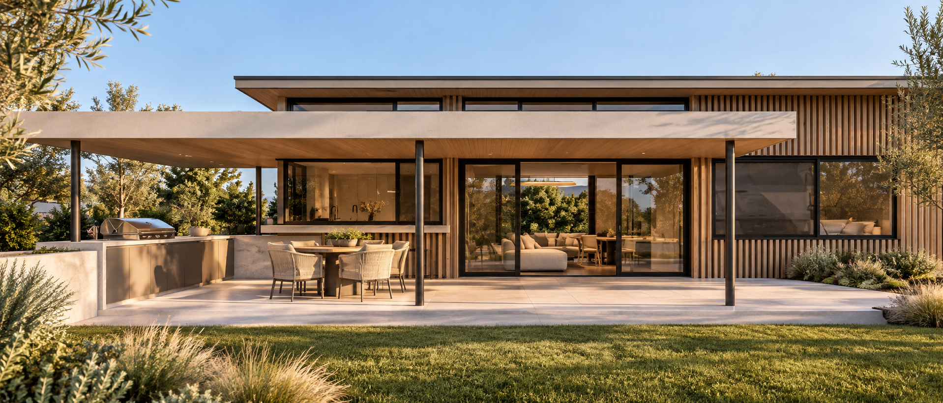 Modern house with large glass sliding doors, outdoor dining area with a round table and four chairs, outdoor kitchen with a grill, on a grassy lawn with trees in the background, in warm sunlight.