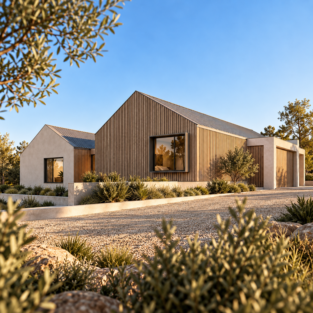 Modern house with wooden and white exterior walls, large windows, surrounded by desert landscaping and plants, under a clear blue sky.