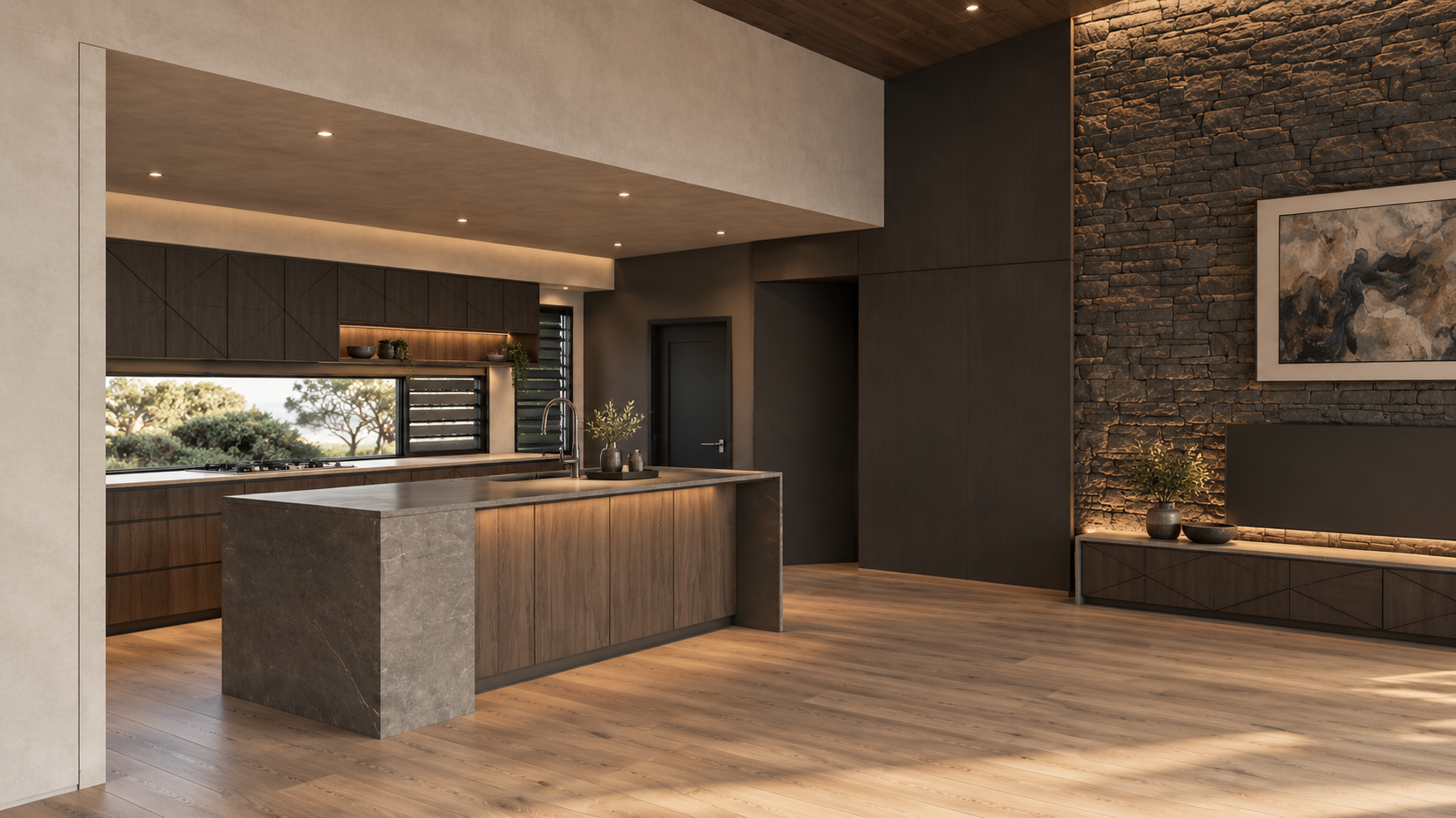 Modern kitchen with wood and stone elements, dark cabinetry, a large kitchen island, and a stone accent wall with artwork.