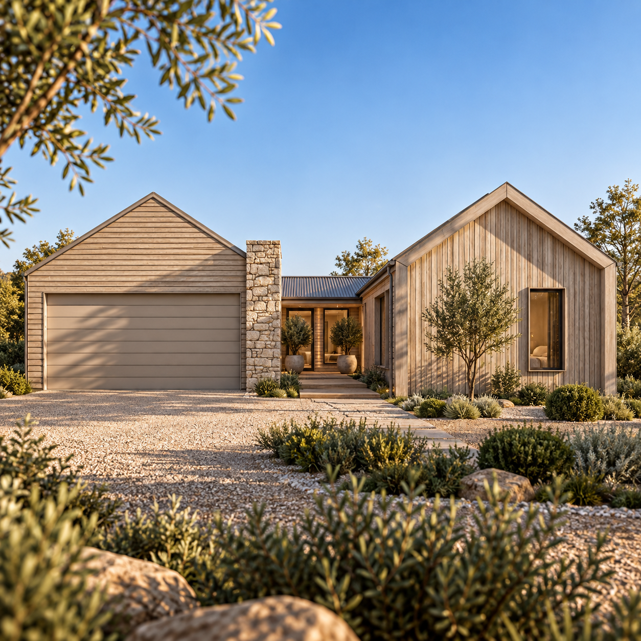 Modern house with wooden siding, stone chimney, and a garage, surrounded by desert plants and small trees under a clear blue sky.