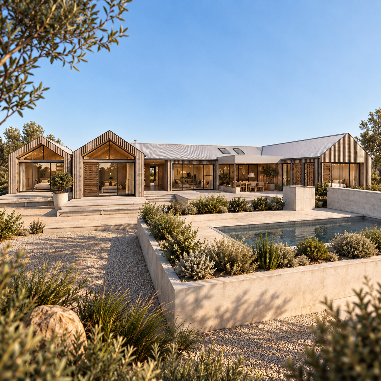 Modern house with wooden exterior, large glass windows, and a swimming pool in the foreground, surrounded by desert plants, under a clear blue sky.