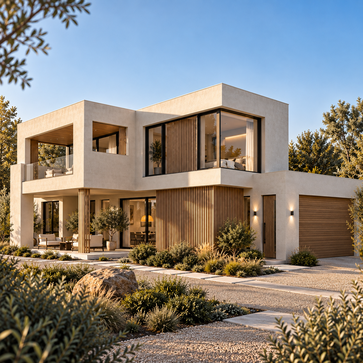 Modern two-story house with large windows, wooden accents, outdoor seating, and landscaped yard under a clear blue sky.