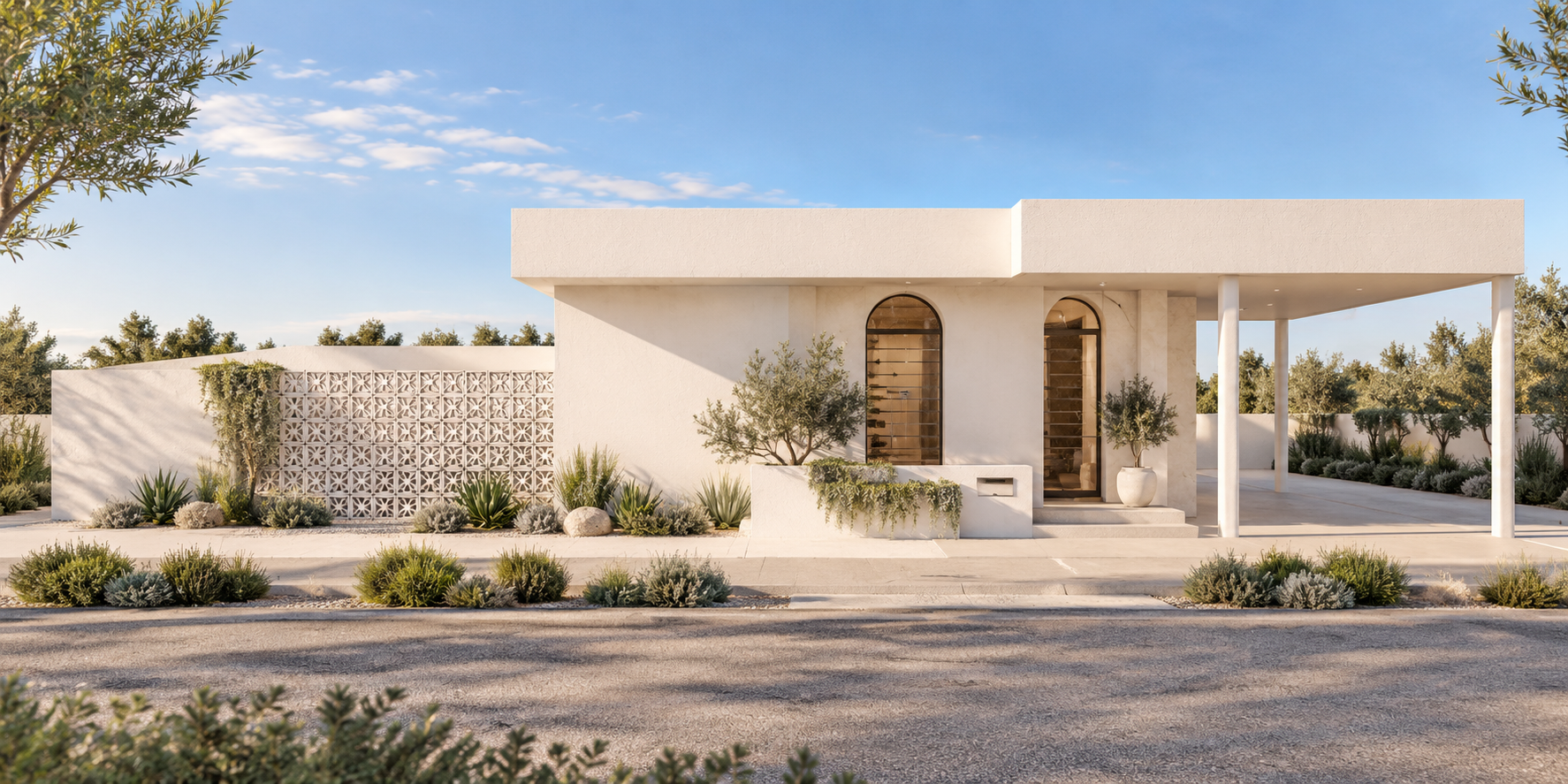 Modern minimalist white house with arched windows, surrounded by desert plants and shrubs, under a blue sky.
