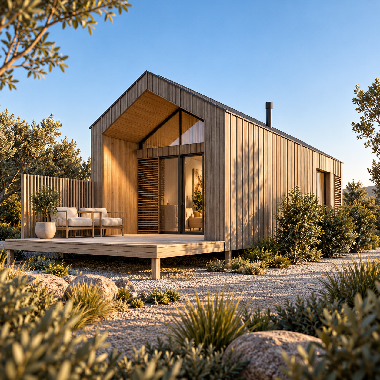 Modern wooden house with a porch and outdoor seating, surrounded by desert plants and shrubs, during sunset.