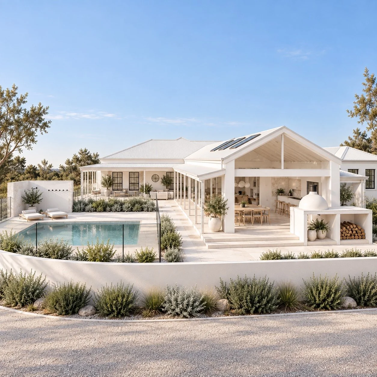 A modern white house with a private pool, outdoor seating, and a covered patio area, surrounded by landscaped plants and trees under a clear blue sky.