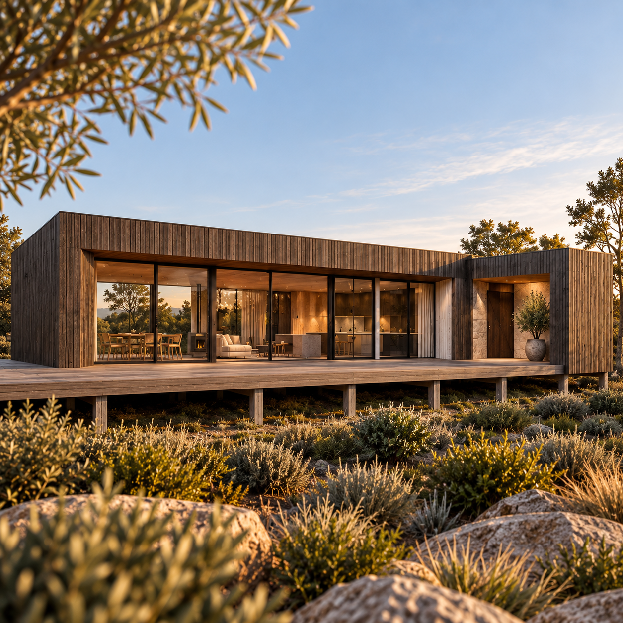 Modern wooden house with large glass windows, surrounded by a landscaped garden, during sunset.