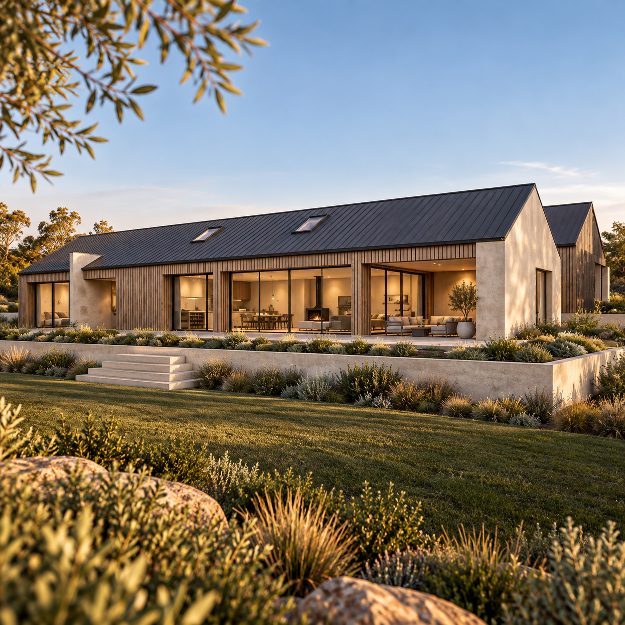 Modern house with large glass windows, set in landscaped yard with stairs and plants, during sunset.