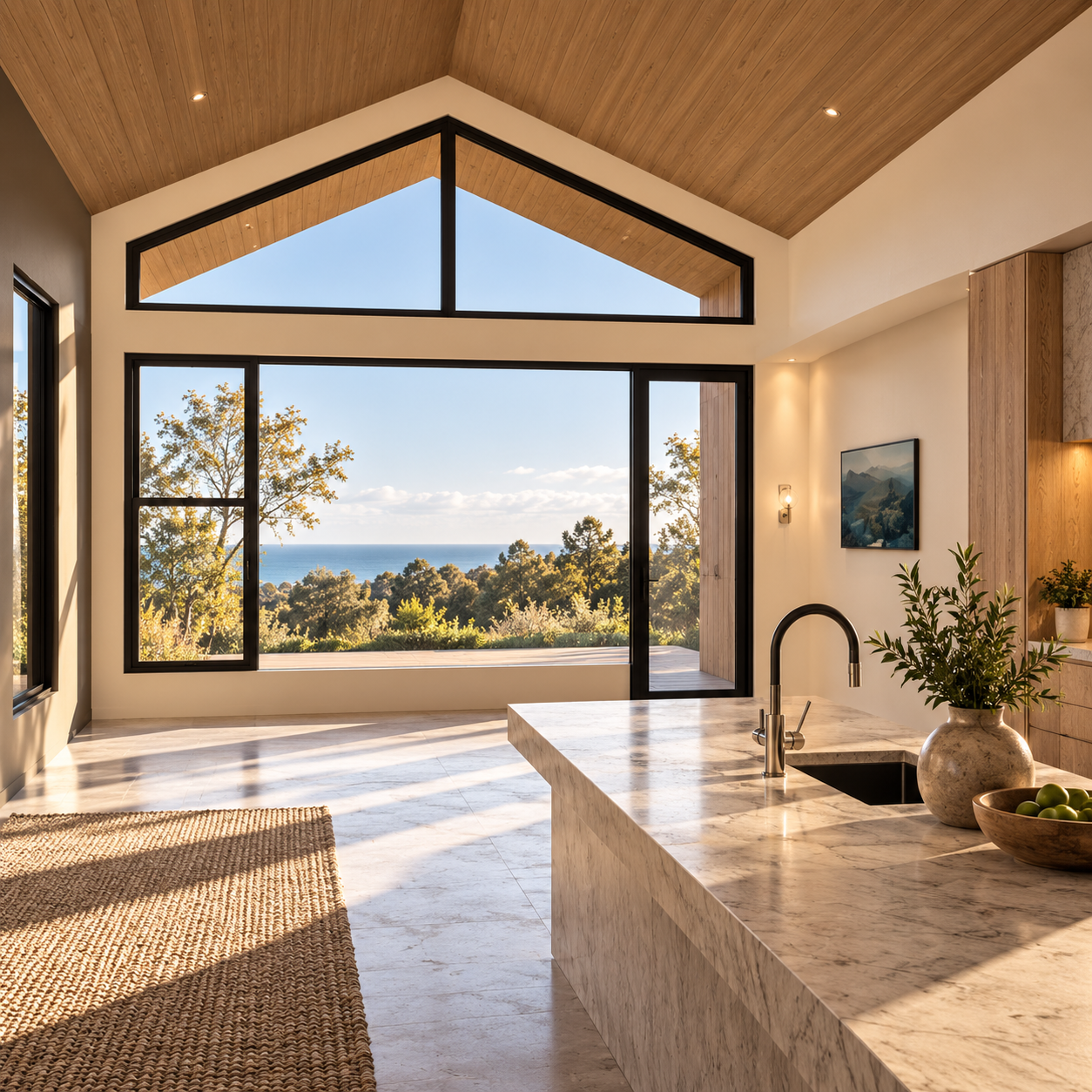 Modern kitchen with large floor-to-ceiling windows offering a view of trees and the ocean. The space has a marble island, a potted plant, and natural wooden ceiling and wall accents.
