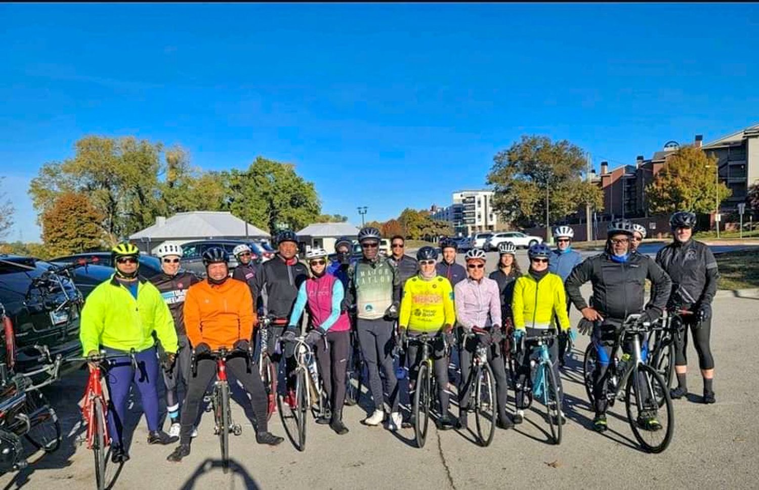 A group of riders gather, on their bikes, at The Community Light ride in Oklahoma