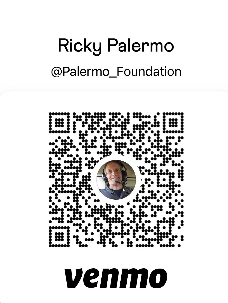 Business card for Ricky Palermo with a QR code and a photo of him wearing a headset, associated with Venmo.