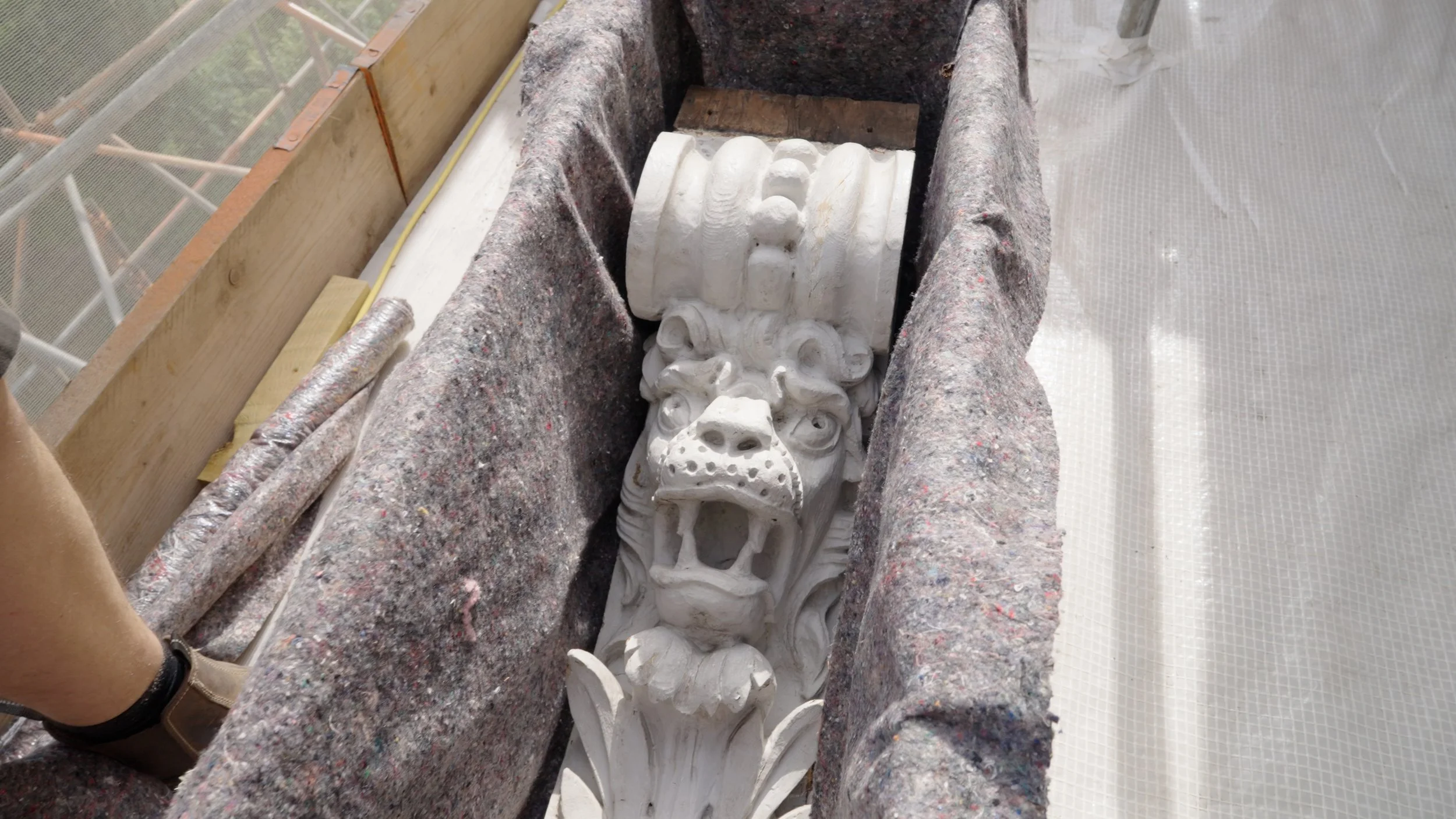 One 600 year old Lion safely packed ready to be frozen for 20 days (to kill bugs) before going off for repair.