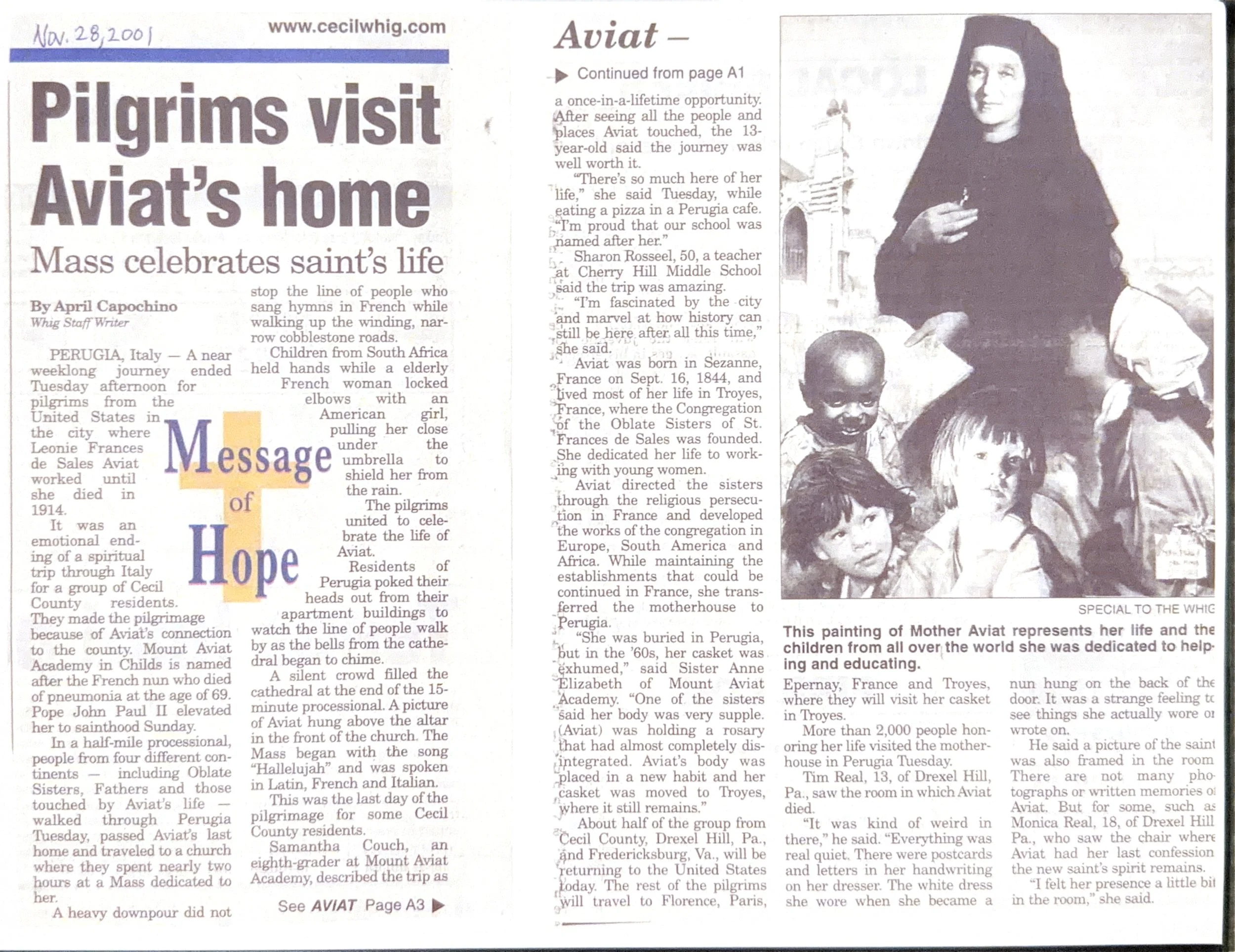 Perugia, 2001 · April followed the pilgrimage to Aviat’s home, reporting on a Mass celebrating the newly canonized saint and her connection to Mount Aviat Academy.