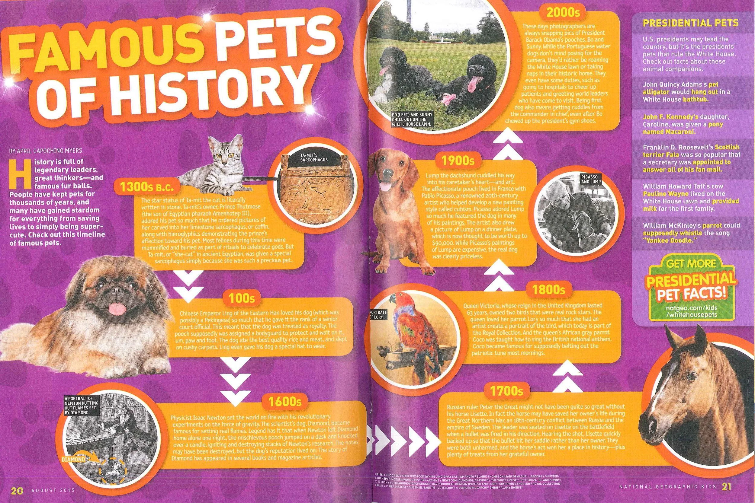 “Famous Pets of History,” written by April Capochino Myers for National Geographic Kids, August 2015.