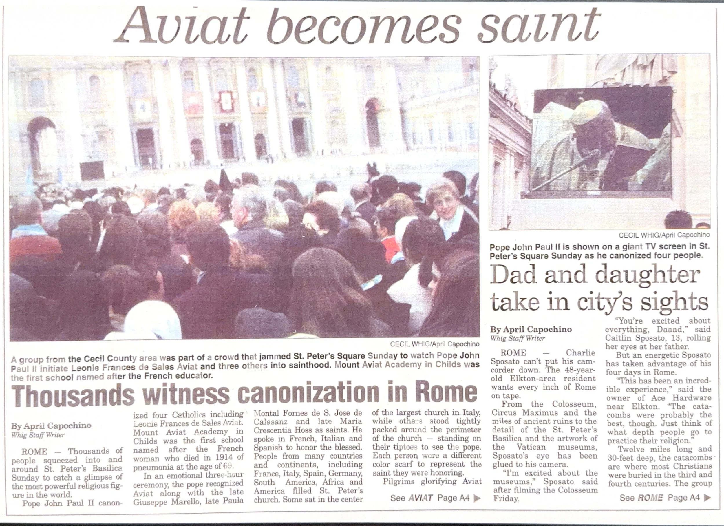 Rome, 2001 · April’s canonization coverage from St. Peter’s Square included the main story, a sidebar on Cecil County pilgrims, and her own photography.