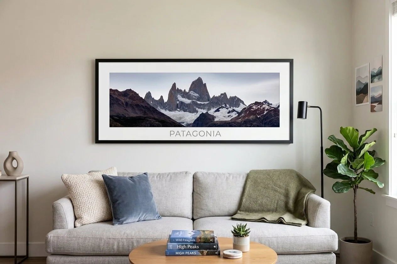 Living room with a gray sofa, three throw pillows, a small wooden table with books and a plant, a large framed mountain landscape artwork labeled 'Patagonia,' a black floor lamp, a green potted plant, and framed artwork on the wall.