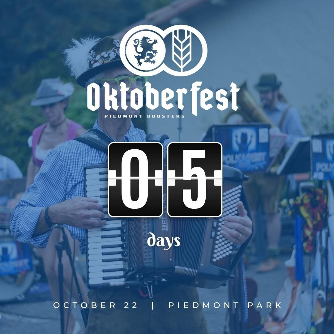 🍻 Get ready to raise your steins and join the fun at the 2023 Piedmont Oktoberfest in just 5 days! 🎉

📅 Date: Sunday 10/22
⏰ Time: 12-5 pm
📍 Location: Piedmont Park

🎉 Let's celebrate with traditional 🎵 Bavarian music from Polkageist, mouthwate