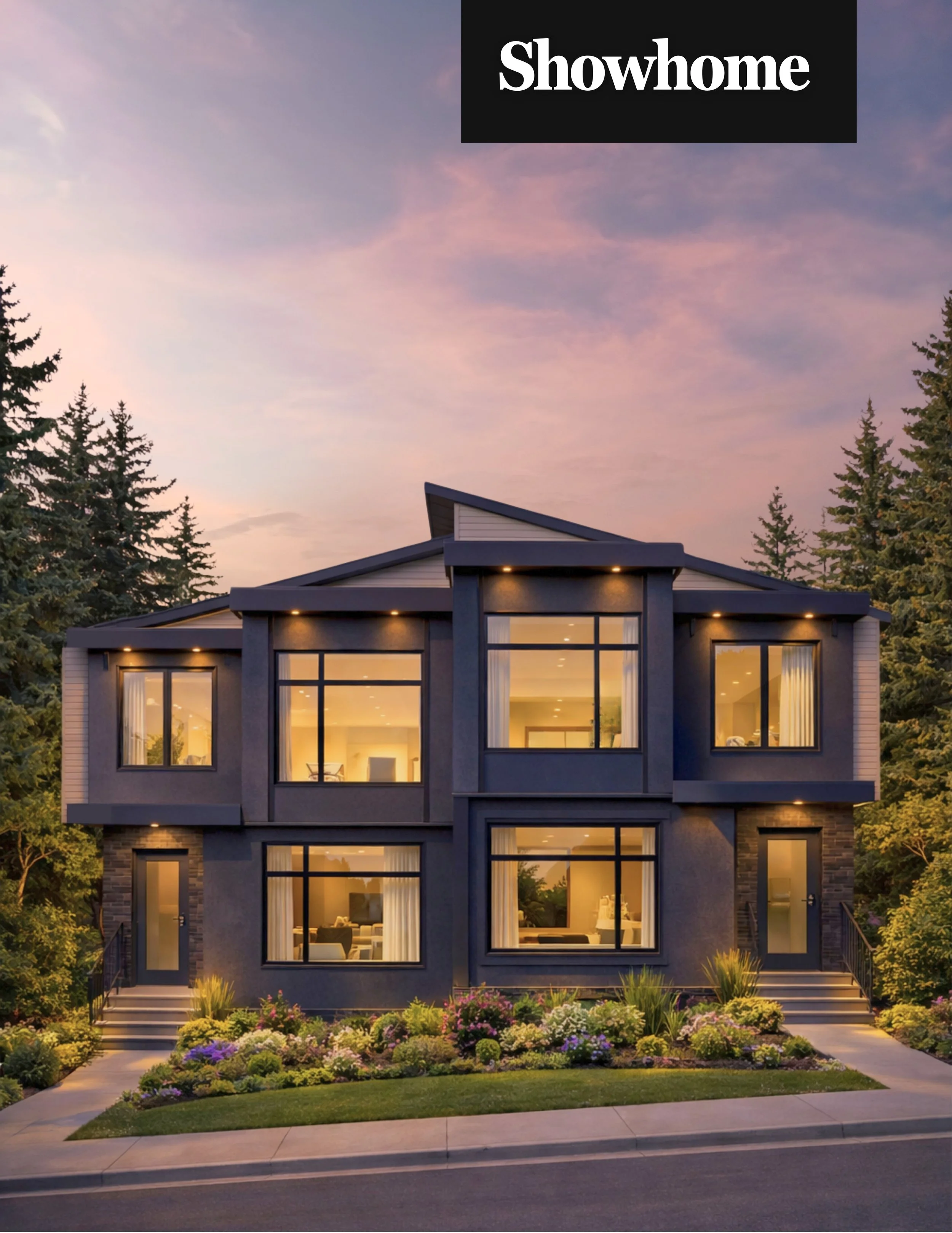 A modern, multi-story house with large windows, illuminated from within, surrounded by a landscaped garden with flowering plants, and set against a evening sky with pink and purple clouds.