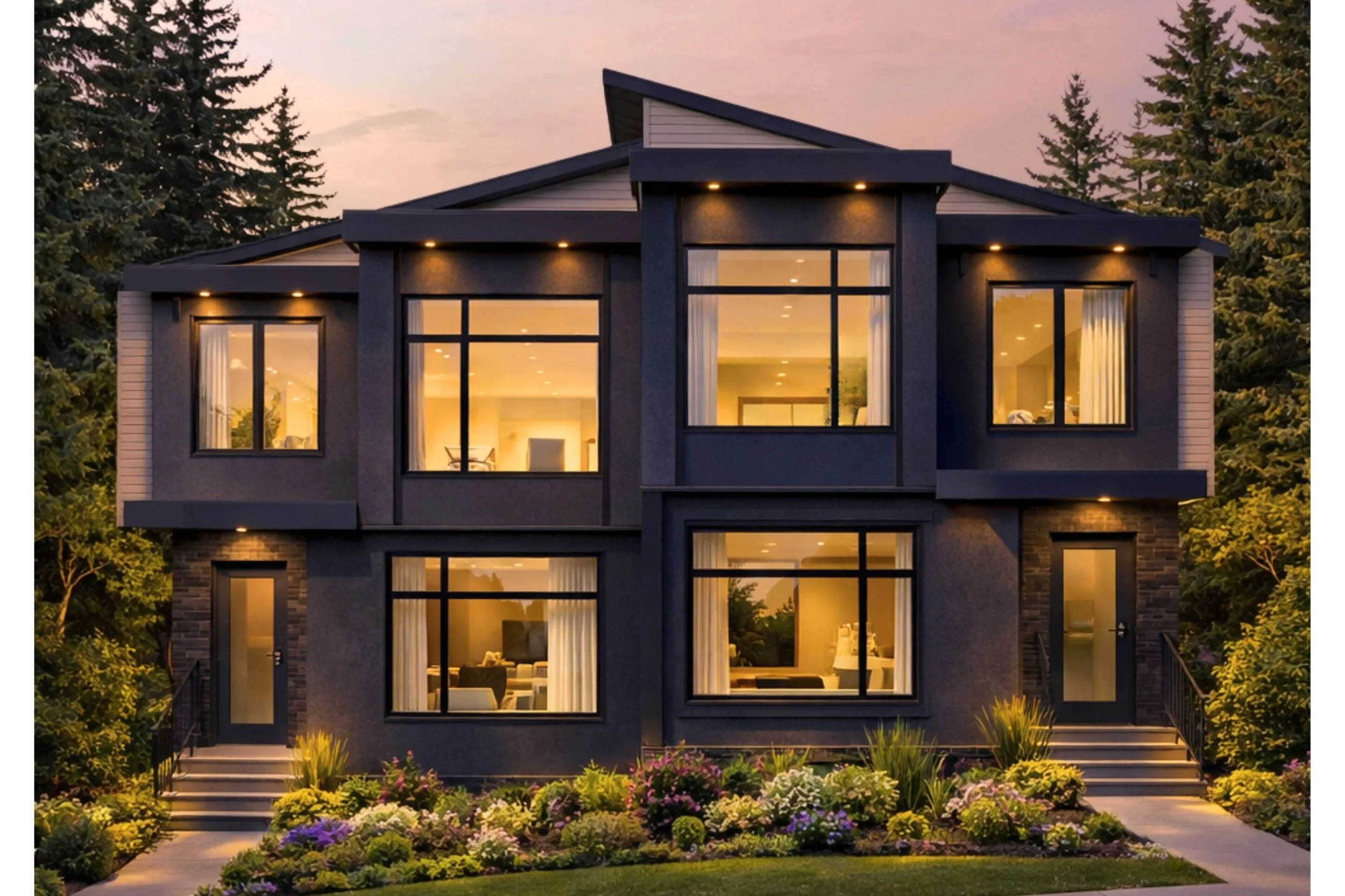 Modern three-story house at dusk with large glass windows illuminated from inside, surrounded by landscaped garden with colorful flowers and trees.