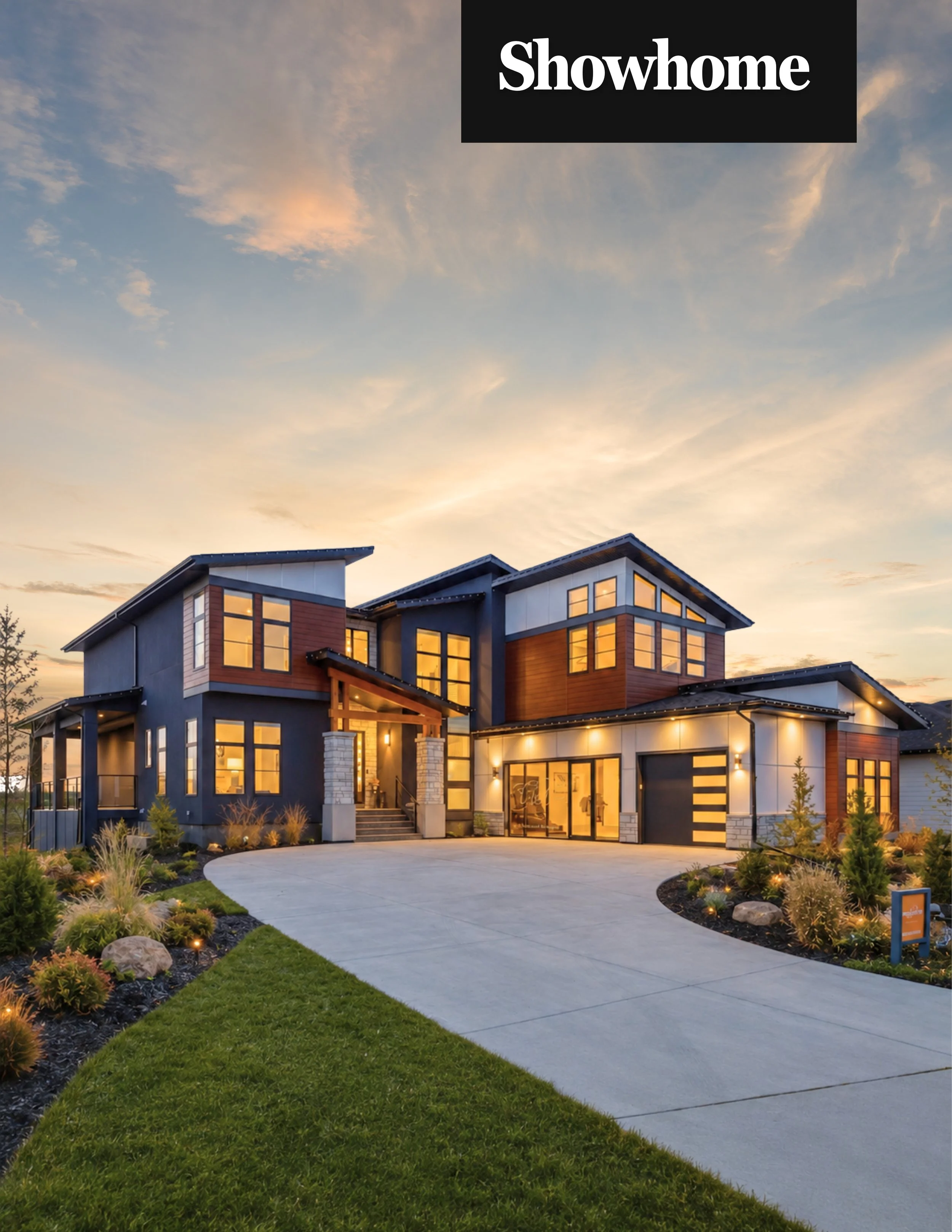 A modern multi-story house with large windows and a landscaped front yard, illuminated from inside during sunset.
